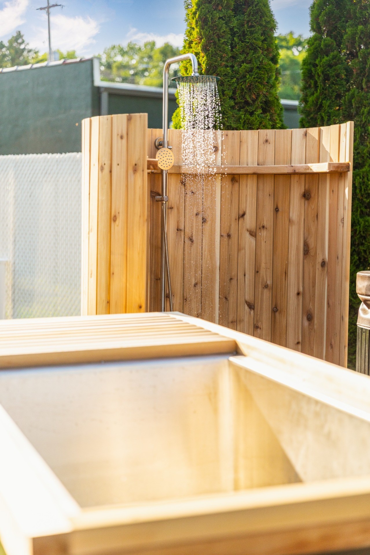 Outdoor shower and cold plunge detail