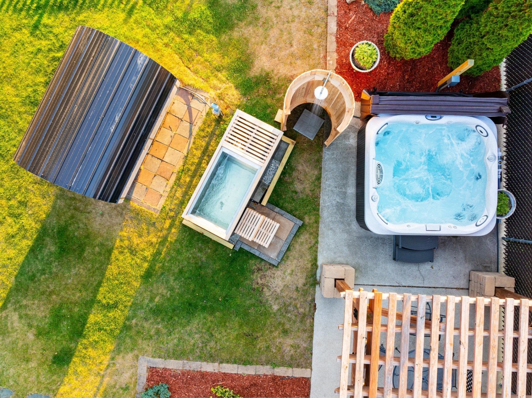 Aerial view of the hot tub and sauna area