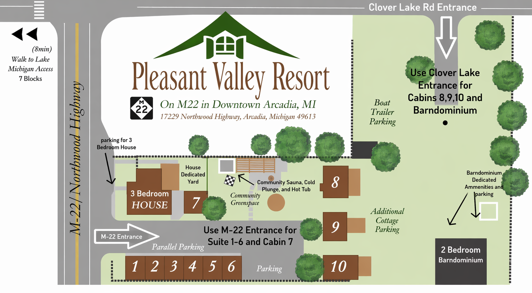 Map of The Arcadia at Pleasant Valley Resort showing entrances, parking, cabins, the 3-bedroom house, barndominium, lodge suites, community greenspace, and shared sauna, cold plunge and hot tub area